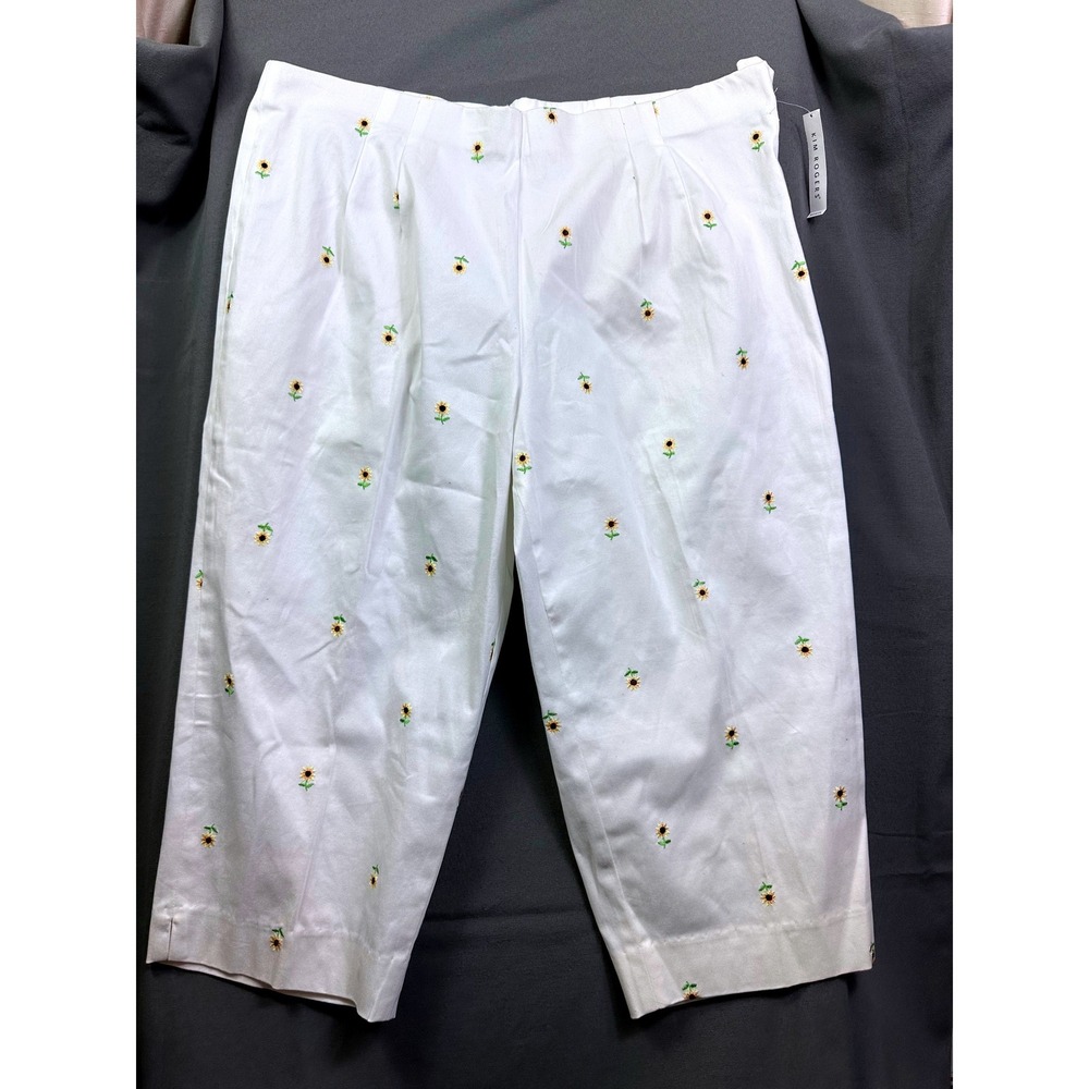 Kim Rogers Women White Sunflower Embroidered Cropped Pants Side Zip Size 22W NEW